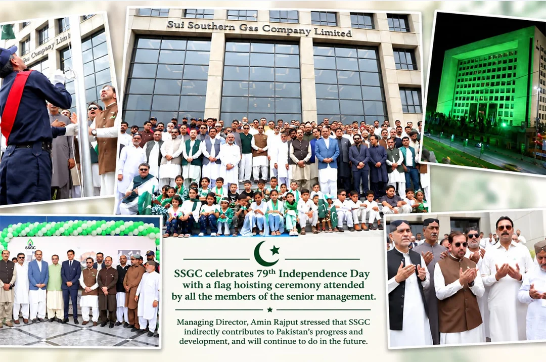 SSGC celebrates independence day with usual fervour In keeping with a traditional practice, a flag-hoisting ceremony was held in SSGC Head Office to celebrate Pakistan's 79th Independence Day, in a befitting manner۔ Amin Rajput، MD، SSGC hoisted the national flag۔ He joined the Company's senior management and executives in singing the national anthem in unison. Speaking on the occasion, MD, SSGC stressed that the independence day must be seen as a day to strengthen our resolve to make Pakistan a country as envisioned by our founding fathers. He pointed out that as a state-owned enterprise, SSGC is indirectly working for for progress and development of Pakistan. The SSGC building wore a festive look and was all decked in Green to mark the independence day.